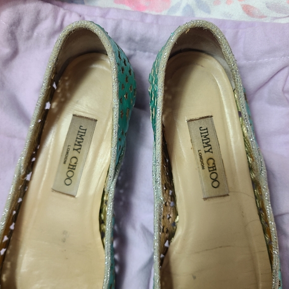 JIMMY CHOO ๐ฆ vintage peacock metallic cosmic stars cut out square toe flats ๐ฆ - Picture 7 of 15